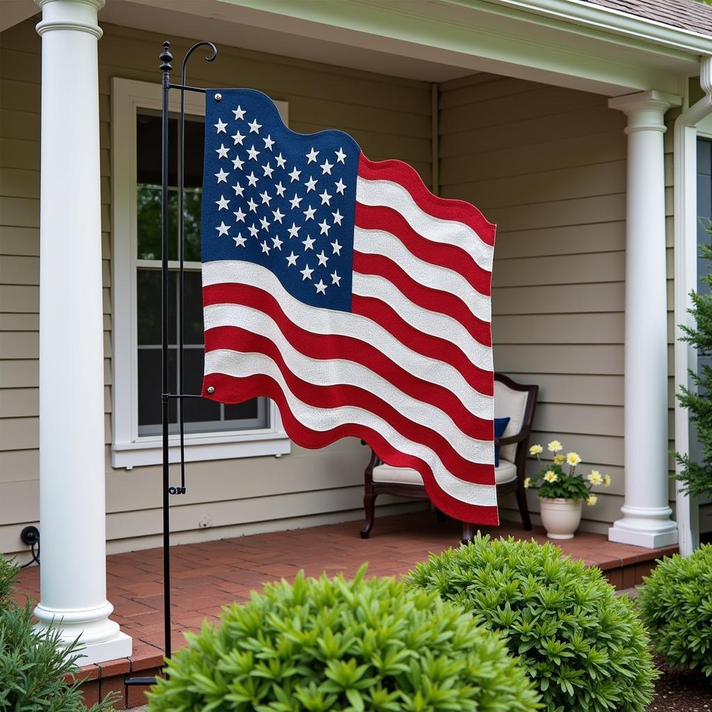 American flag displayed on a traditional home exterior