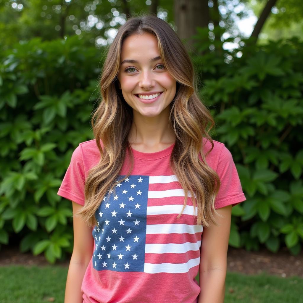 Woman wearing American flag t-shirt