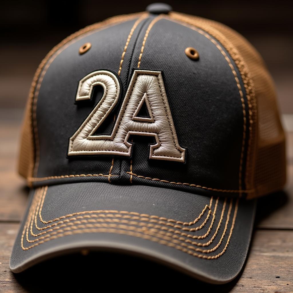 A close-up of an American-made 2A hat