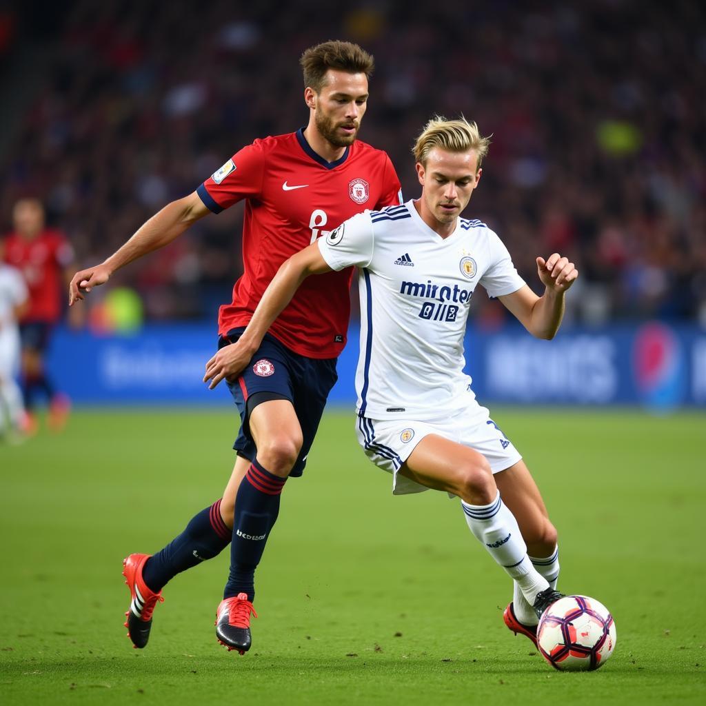 Frenkie de Jong using the anagel to evade a defender during a match.