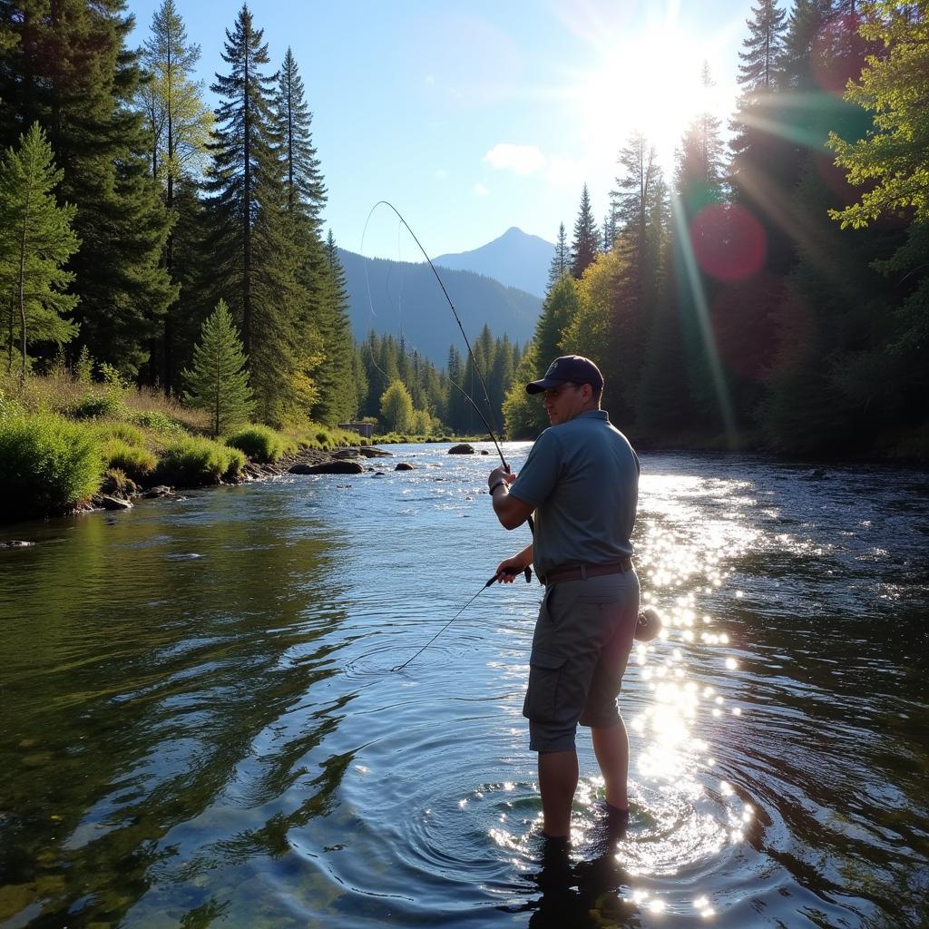 An angler casts a used Winston fly rod on a scenic river, surrounded by lush greenery