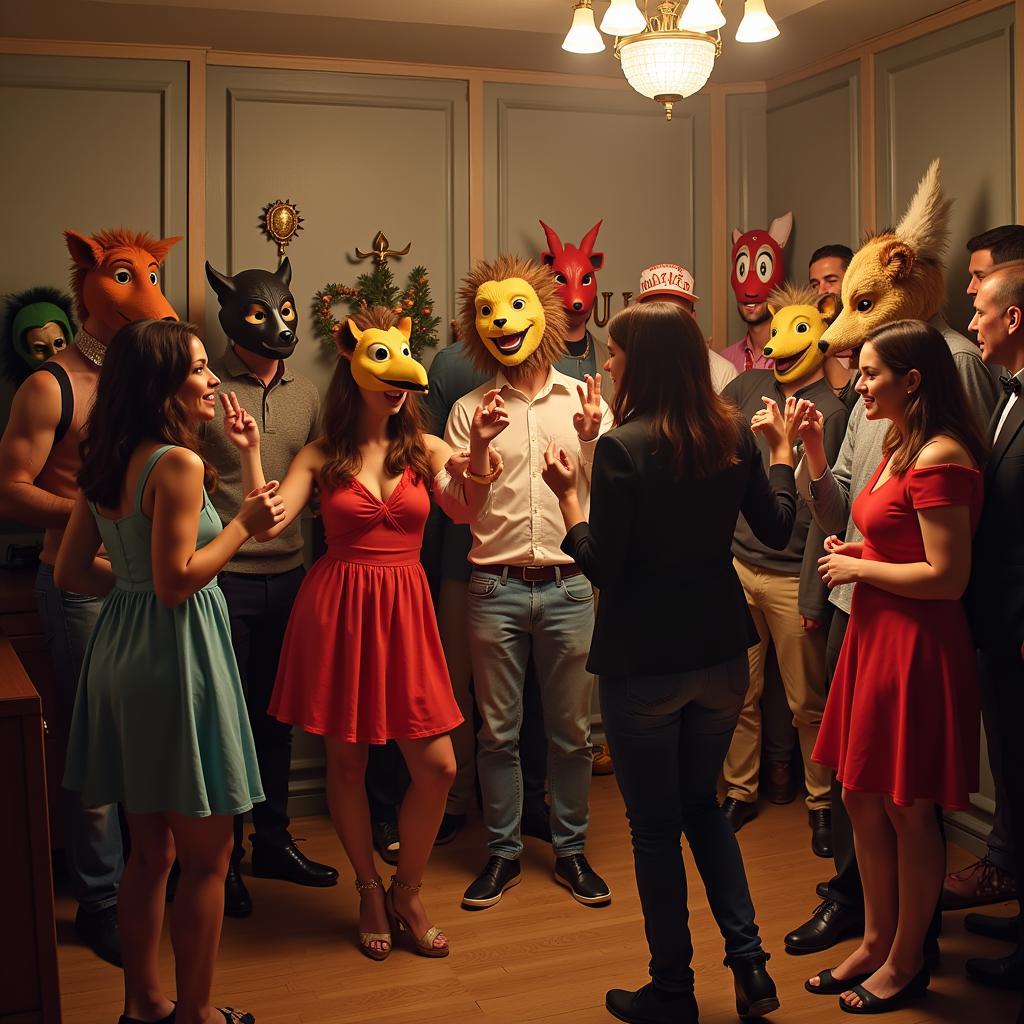 People wearing animal masks at a costume party.