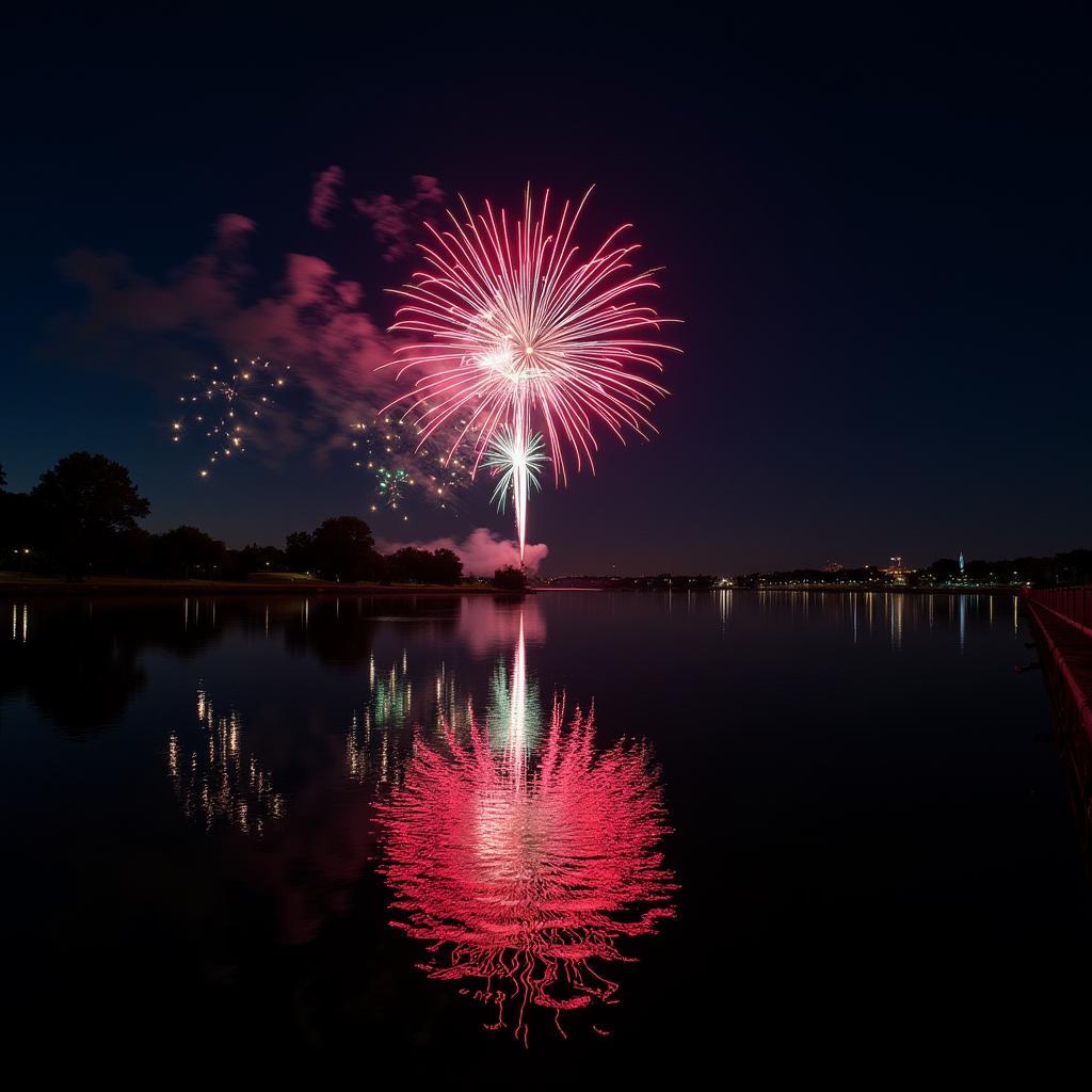 Anthem fireworks reflected in a body of water