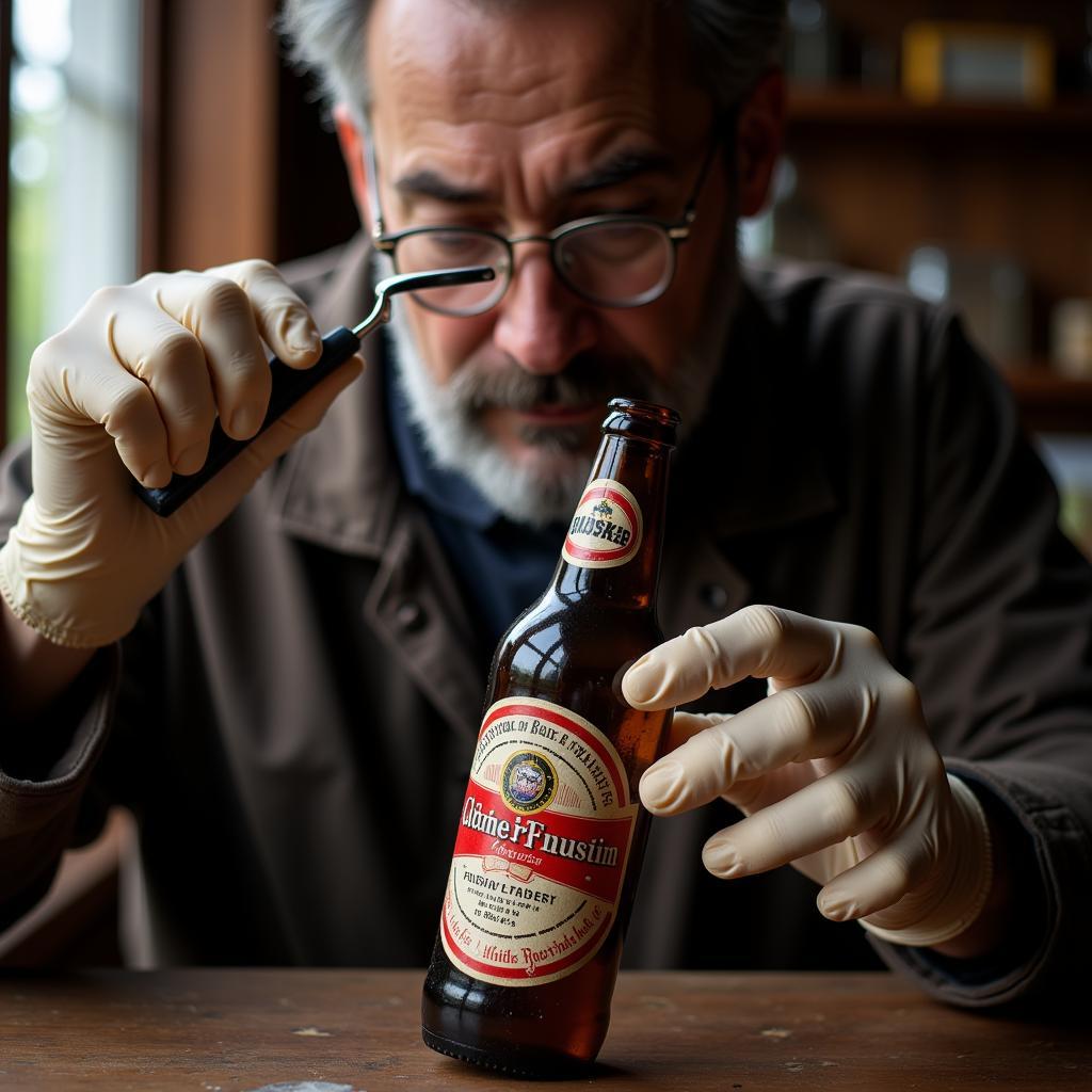 Antique Bottle Appraiser Examining Anheuser-Busch Bottle