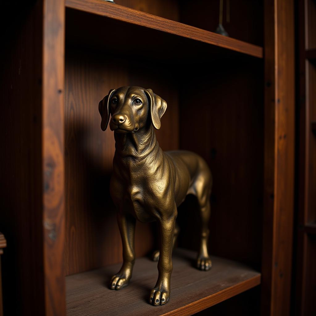 Antique Brass Dog Statue on a Wooden Shelf