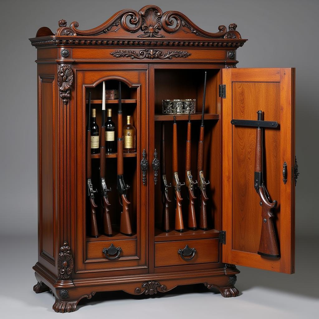 An antique gun liquor cabinet adorned with intricate carvings and detailing