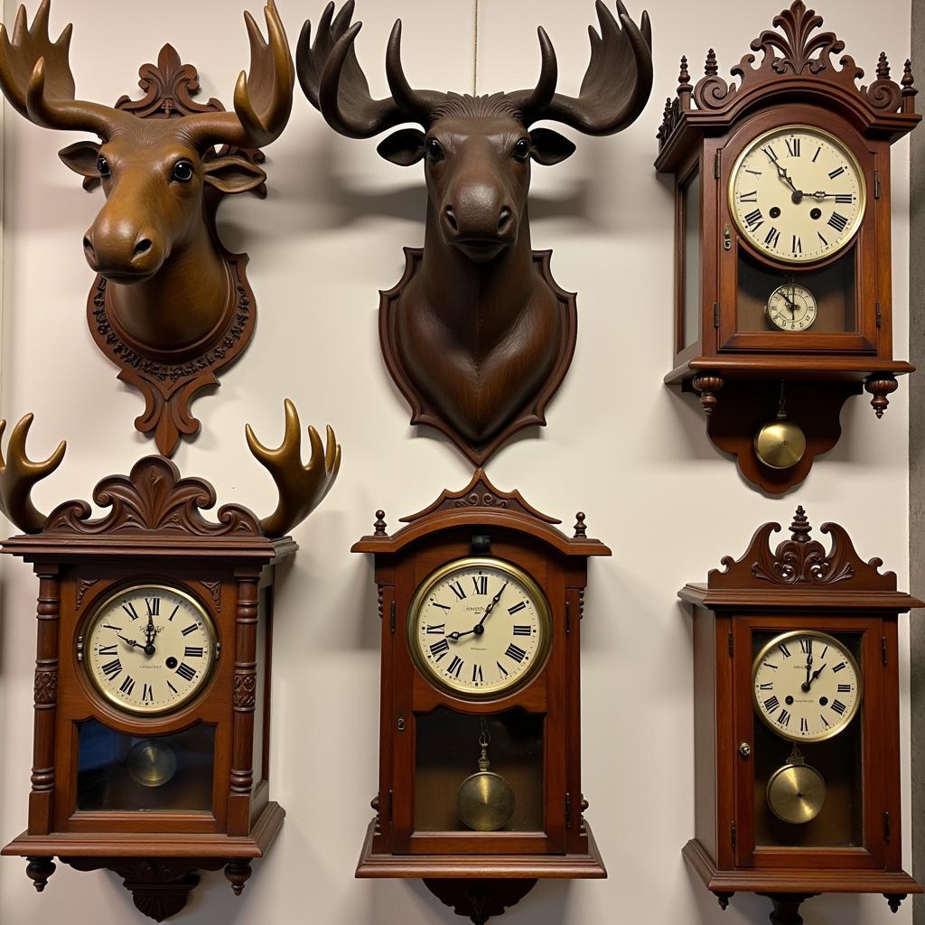 Antique moose clocks in a collector's display