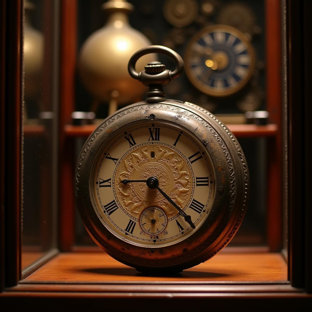 Antique pocket watch displayed in a glass case