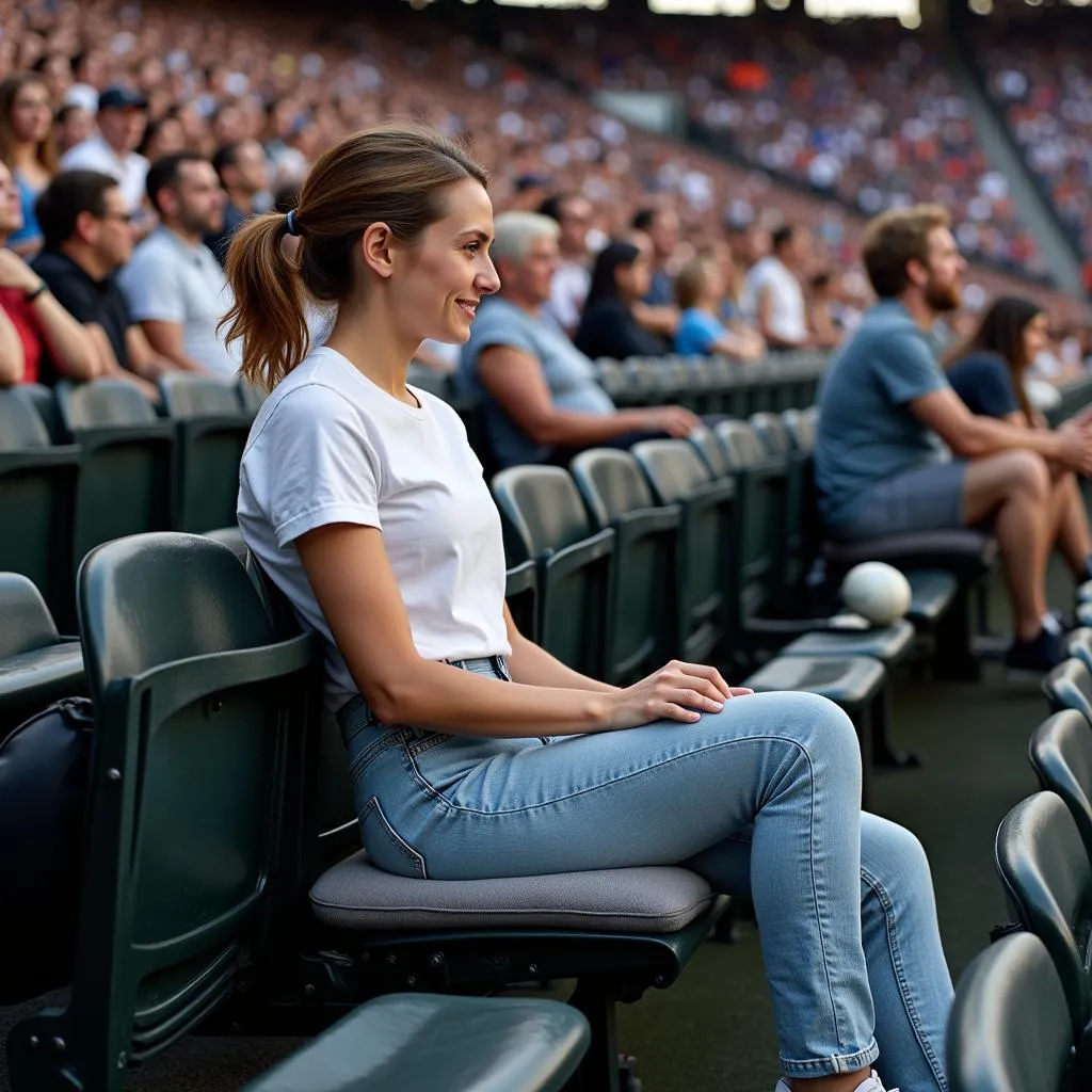 Fan using apple box seat cushion at crowded stadium