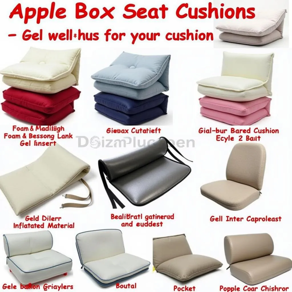 Different types of apple box seat cushions displayed on a table