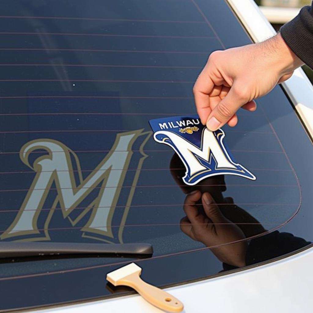 A person carefully applying a Milwaukee Brewers decal on a car window