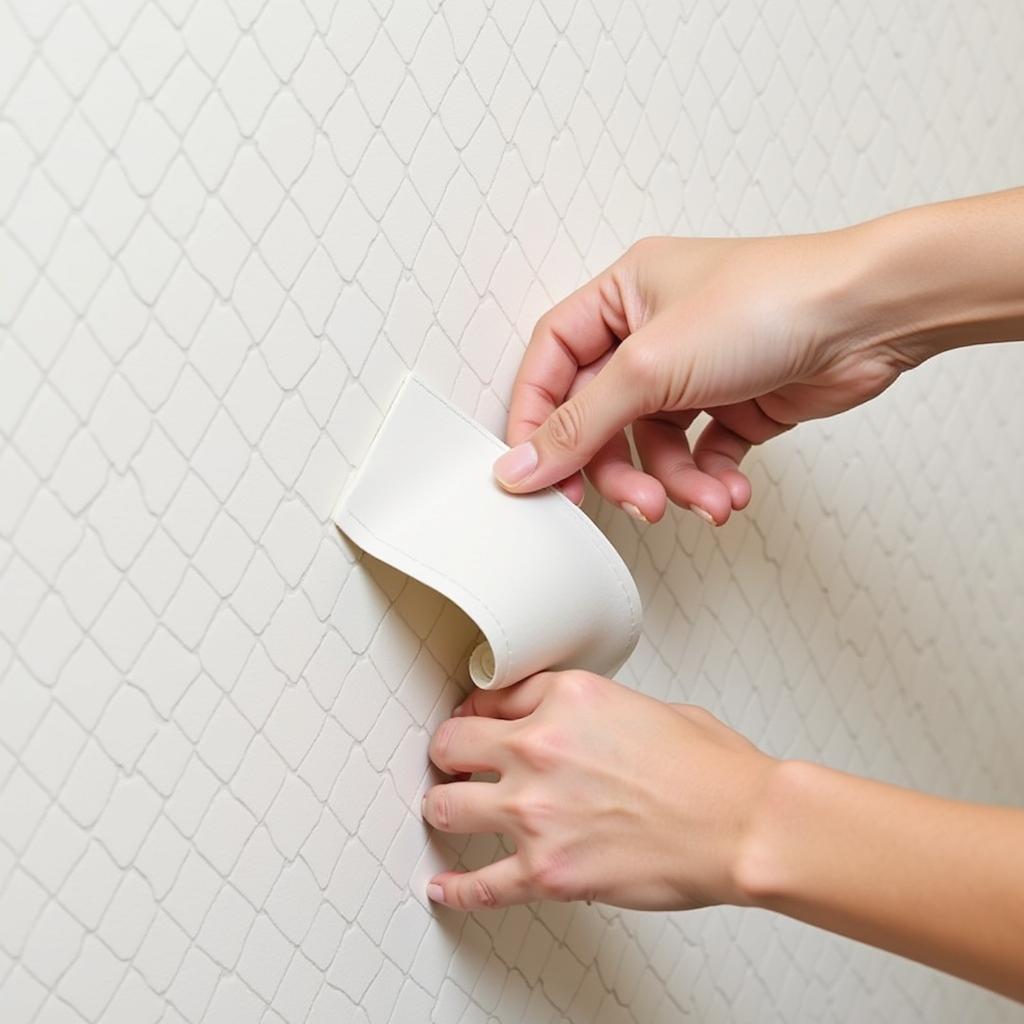  A person carefully smoothing out air bubbles while applying peel and stick wallpaper.