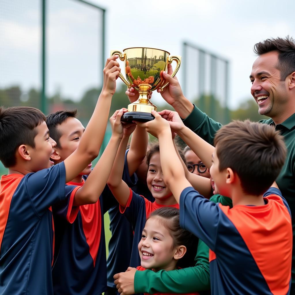 Soccer team celebrating with an appreciation trophy