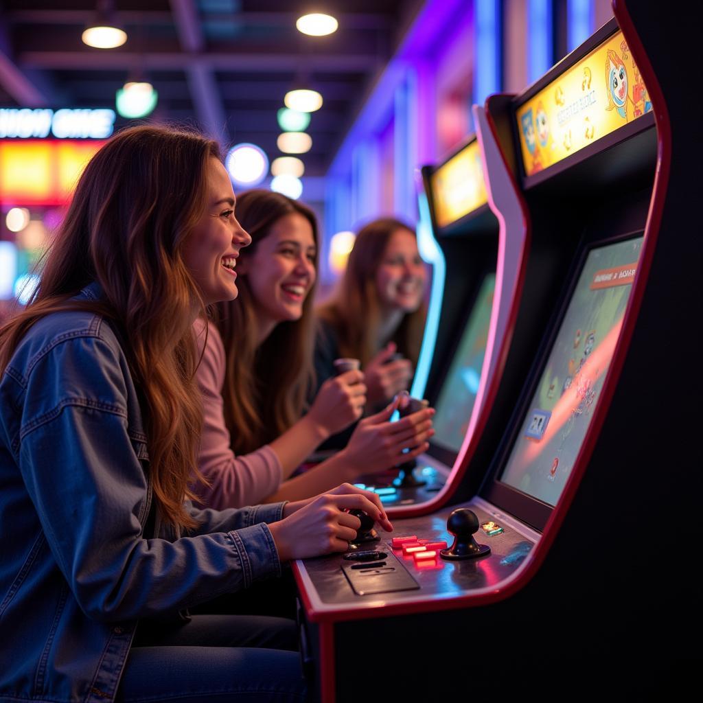 Friends enjoying multiplayer games on an arcade stand