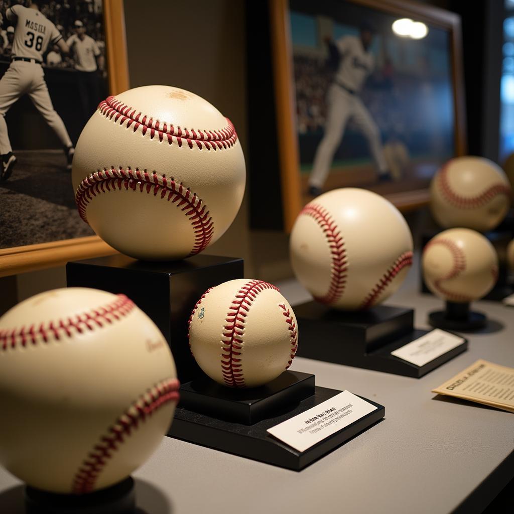 A display case showcasing a collection of baseballs and photos arranged with care.