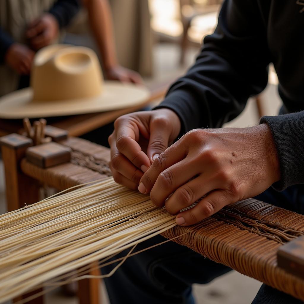 Artisan Weaving a Boricua Hat on a Traditional Loom