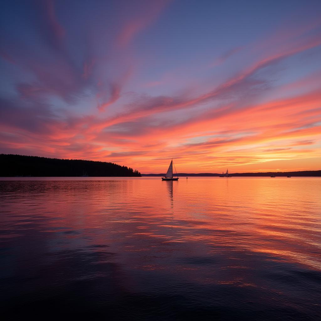 Sunset over Ashland Bay with sailboats in the distance