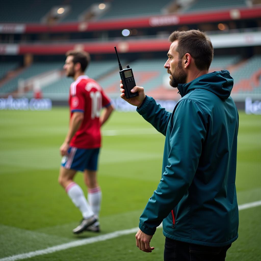 Football manager communicating with a player using Astron radio