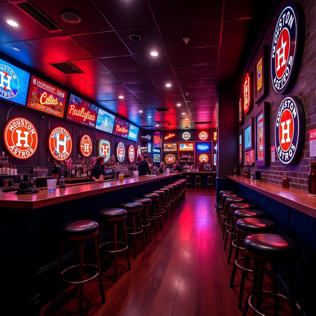 A collection of Houston Astros neon signs displayed in a dedicated sports room