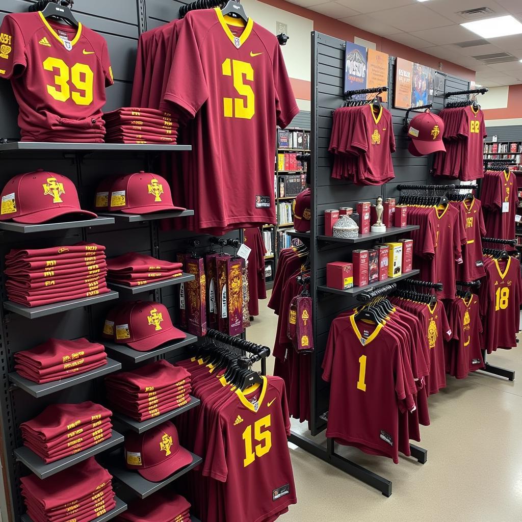 Wide variety of ASU football merchandise displayed on shelves and racks