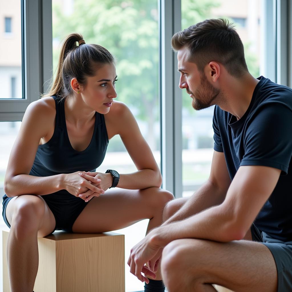 Athlete talking to a sports psychologist in an office