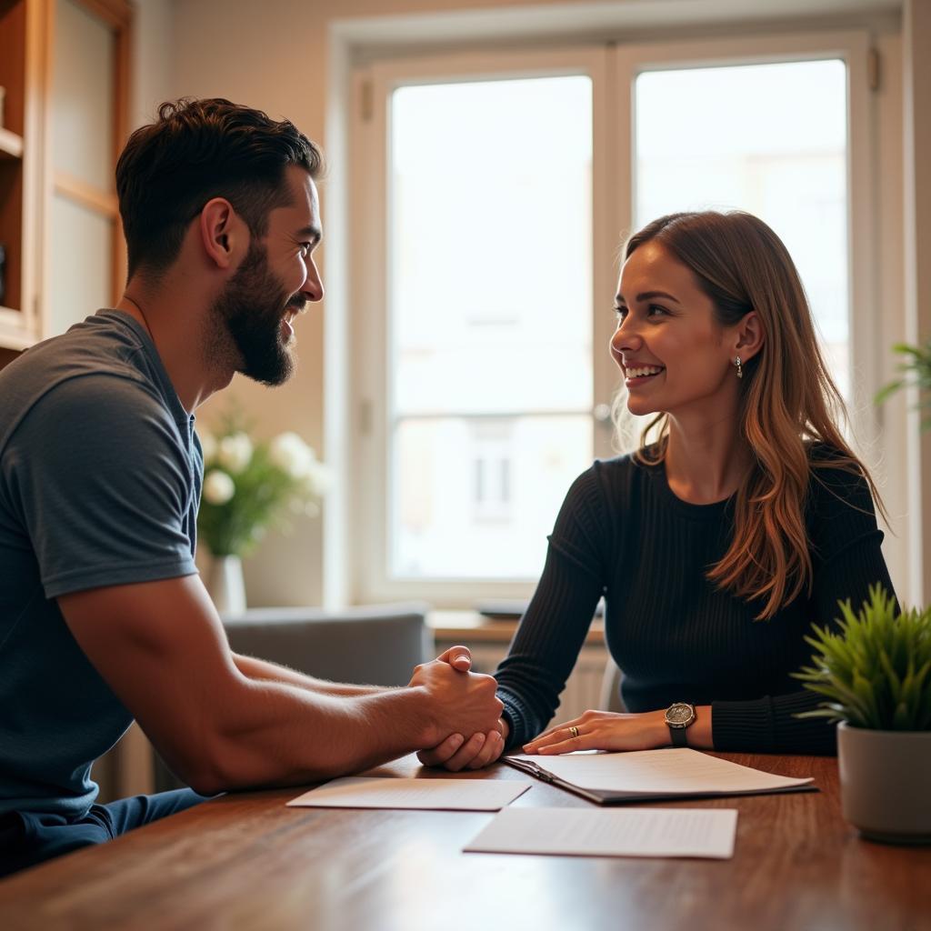 A professional athlete signing a contract with a representative of an ethical brand