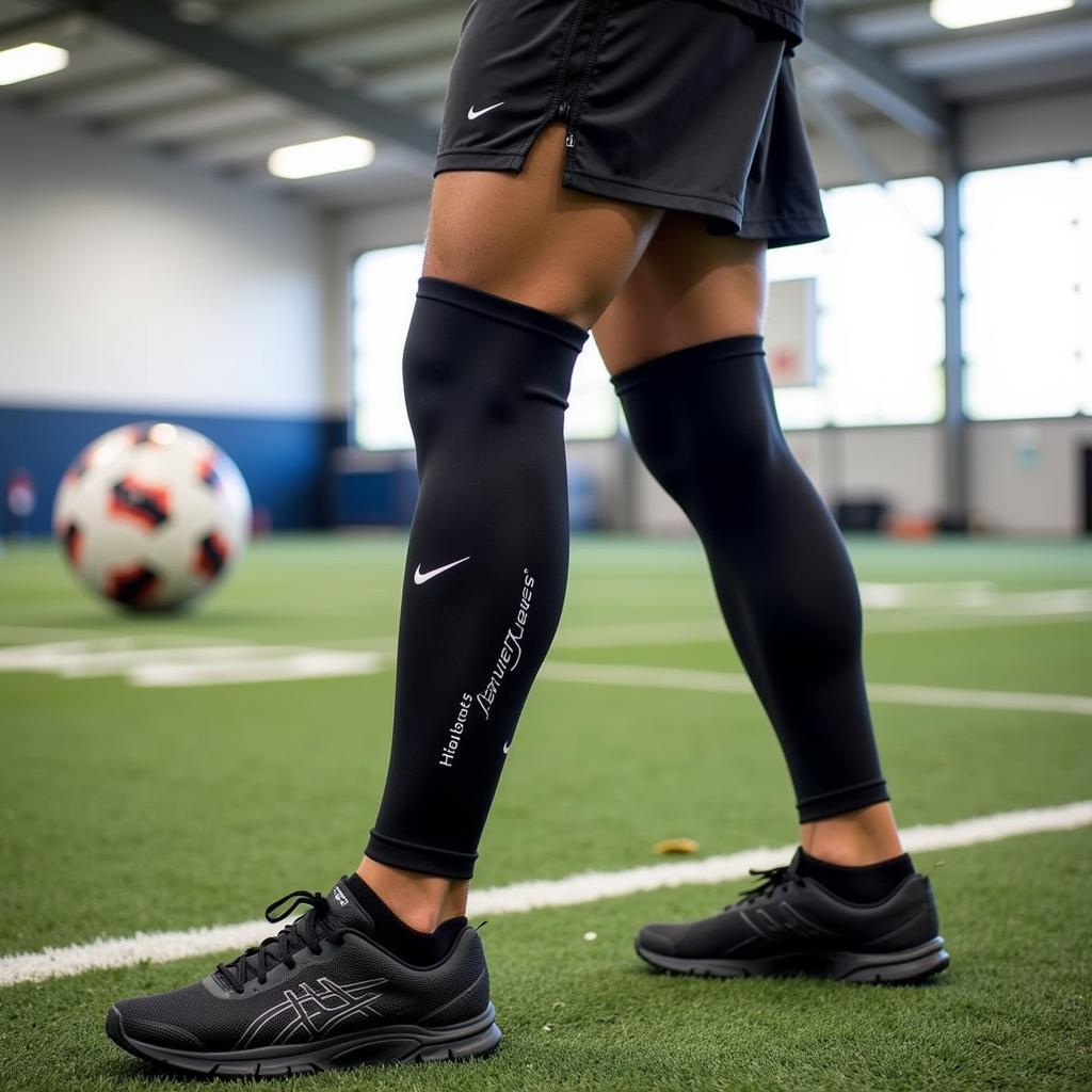 Athlete training with compression leg sleeves