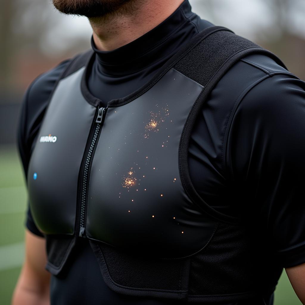 A close-up shot of a football player wearing a high-tech vest with integrated sensors, showcasing the Linders 611 performance tracking technology.