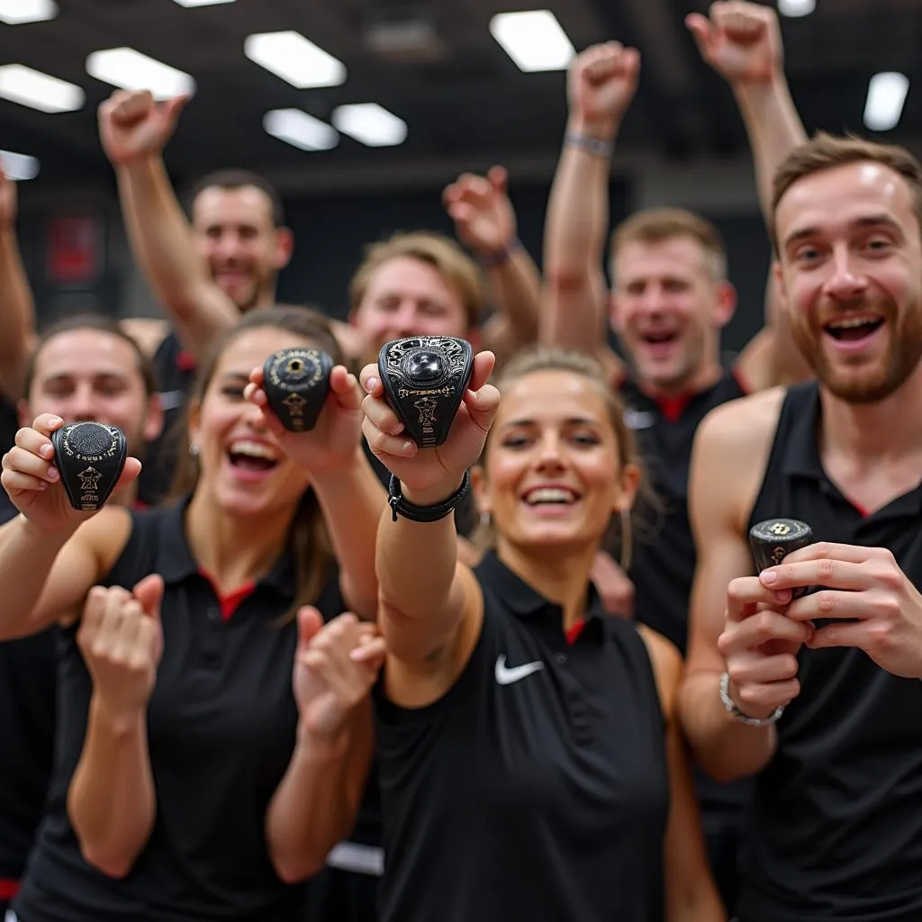 Athletes celebrating a championship victory, holding up their rings