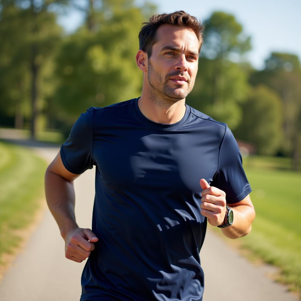 Man exercising in an athletic fit John Kevin shirt