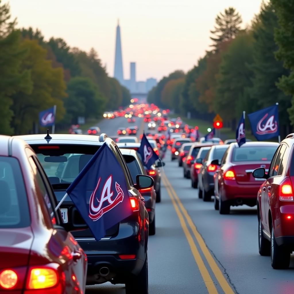 A convoy of cars proudly displaying Atlanta Braves car flags