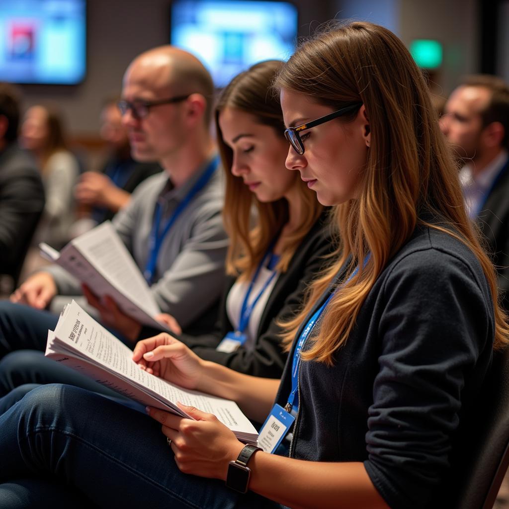 Attendees browsing a convention program