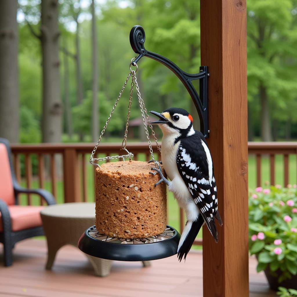  A suet feeder specifically designed to attract woodpeckers, strategically placed on a 3D deck porch and patio. 