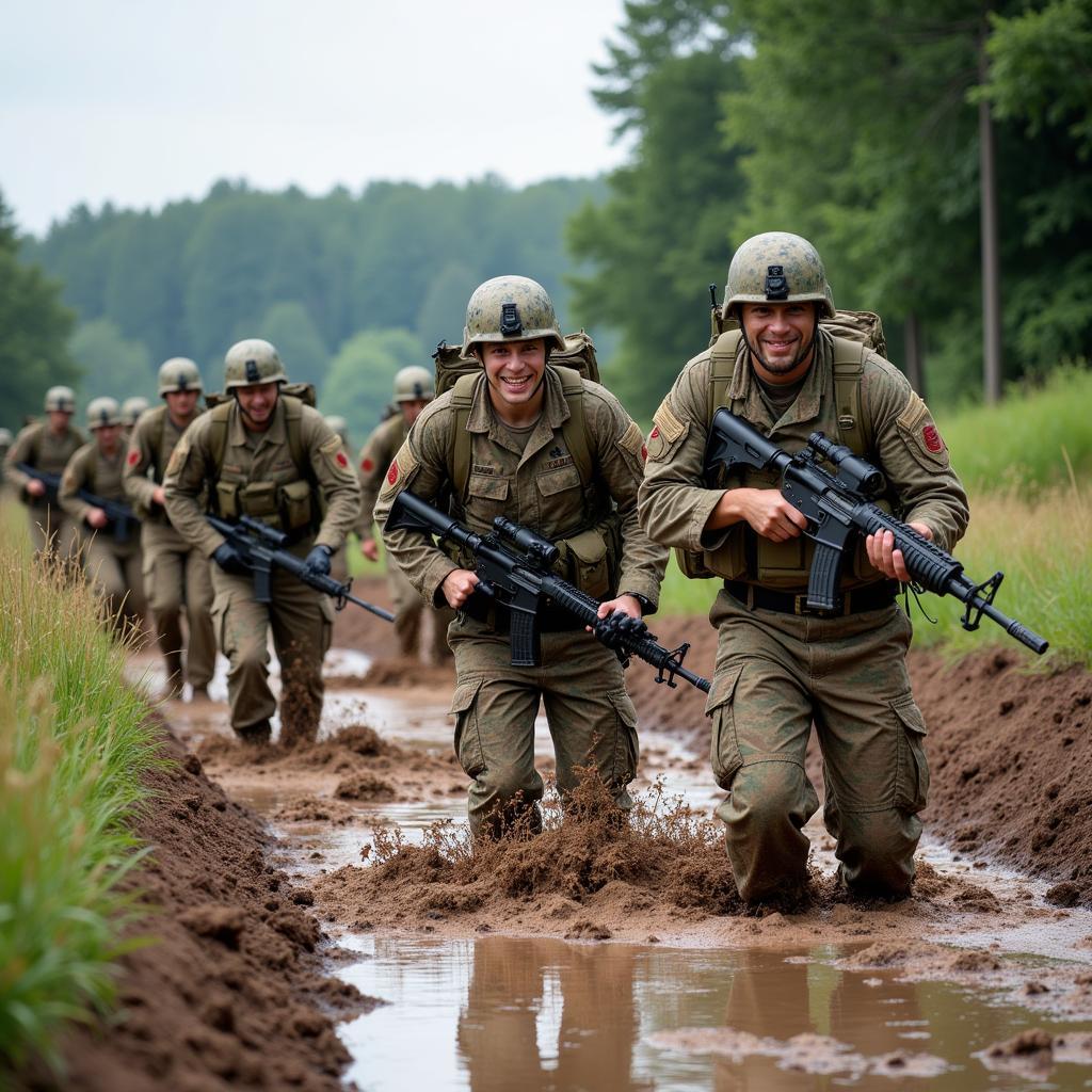 Soldiers tackling a challenging obstacle course