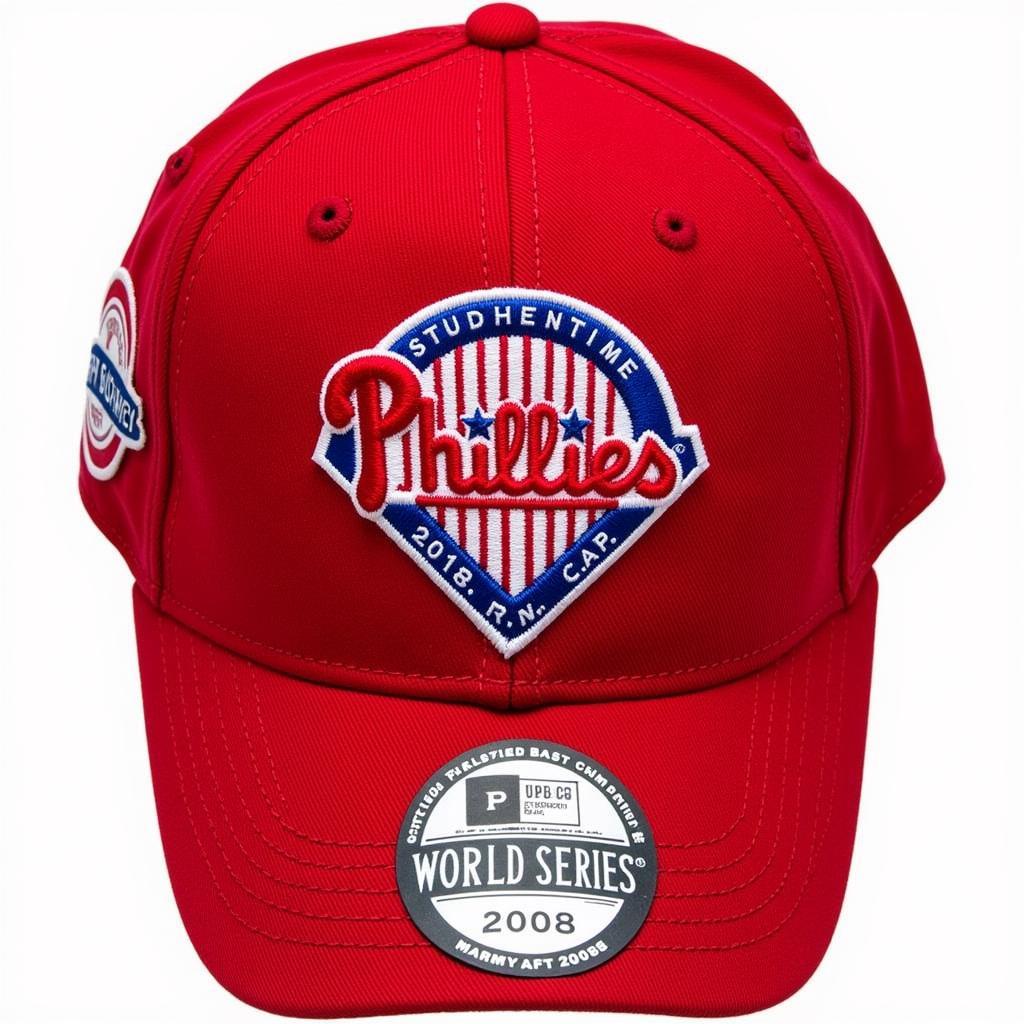 Close-up of an authentic 2008 Phillies World Series hat, showcasing its details and the official World Series patch.