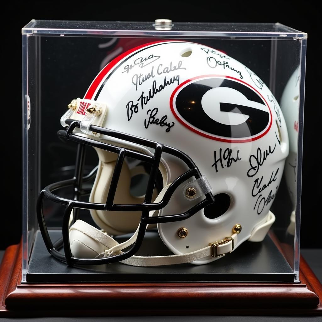 An authentic Georgia Bulldogs helmet, signed by legendary players, rests in a protective glass case, highlighting its value and significance to collectors.