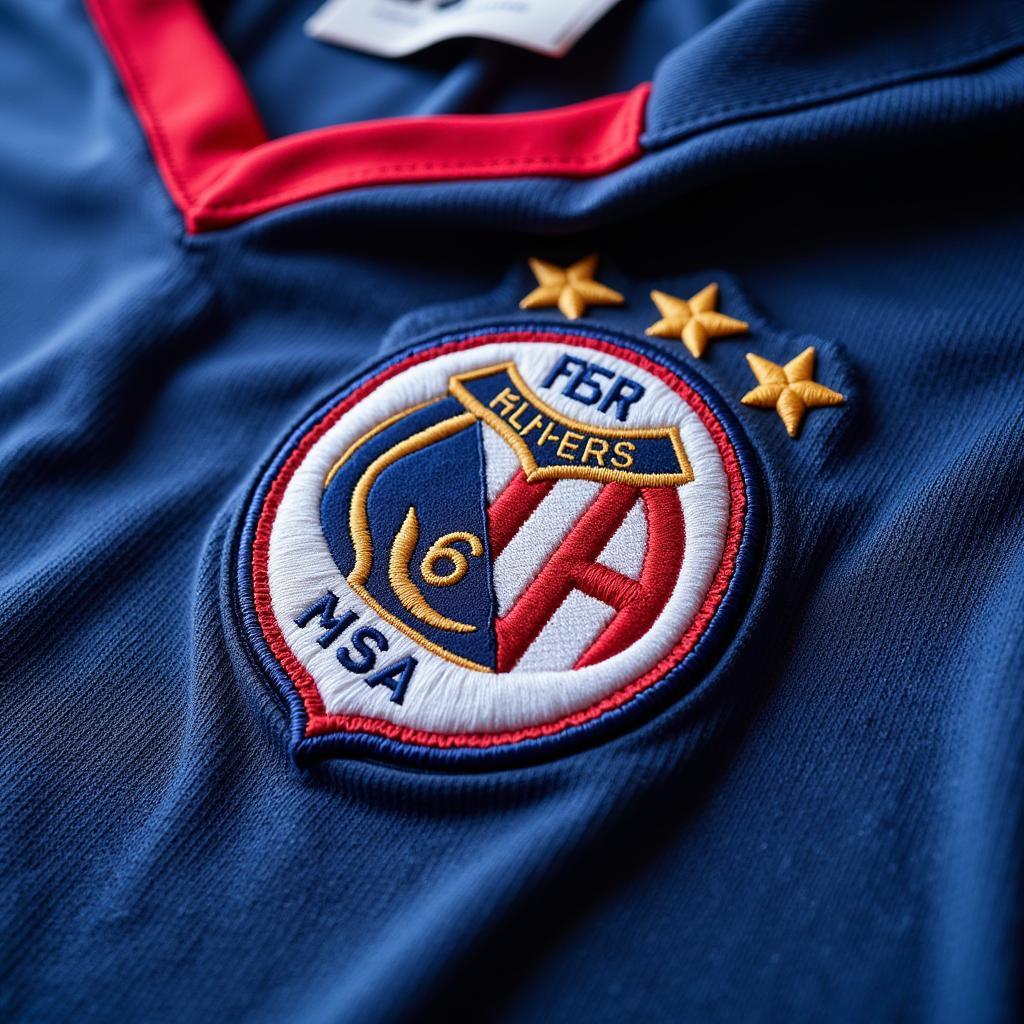 Close up of an authentic soccer jersey, highlighting the embroidered team crest and sponsor logos.