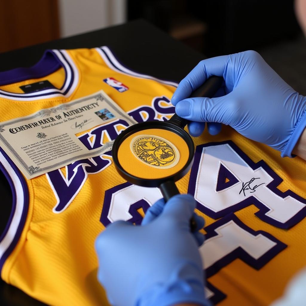 Expert Authenticating a Signed Kobe Bryant Jersey Using a Magnifying Glass