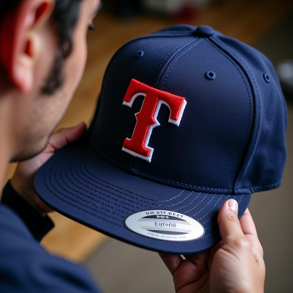 A person examining the details of a Texas Rangers hat