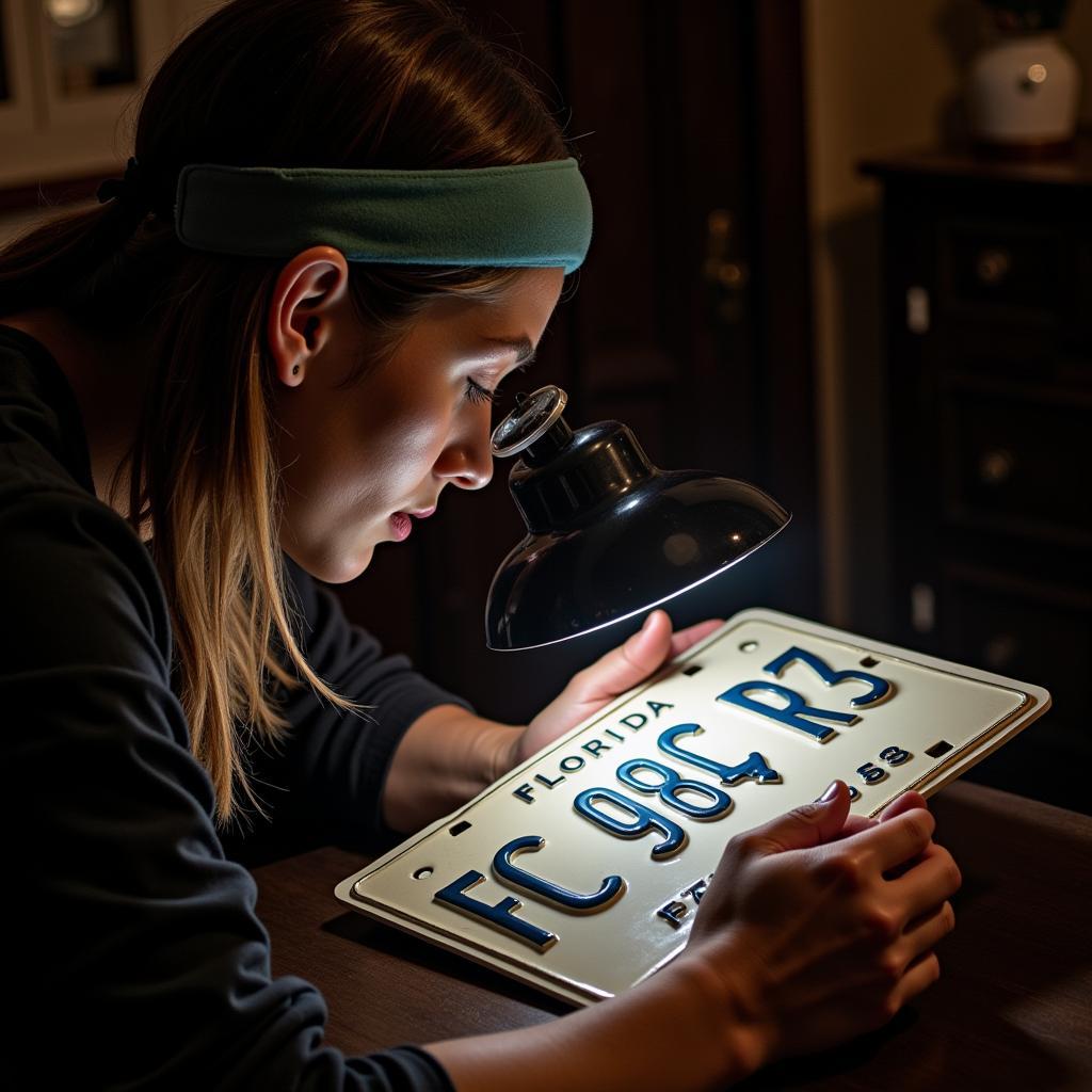 An individual closely examining a vintage Florida license plate to verify its authenticity.