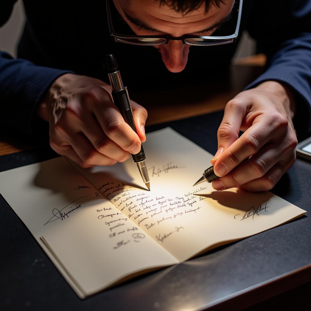 Expert examining an autographed movie script for authenticity