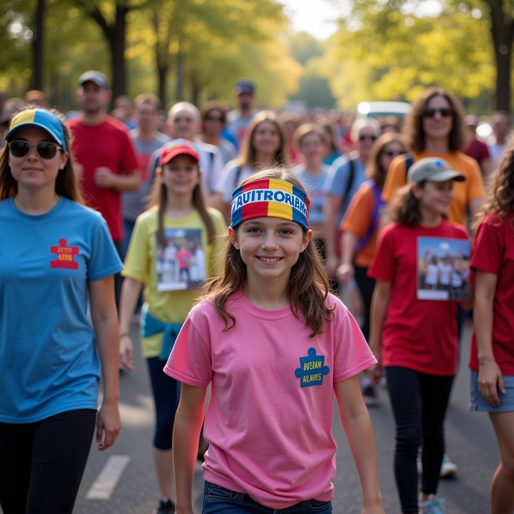 Participants in an autism awareness walk wearing headbands