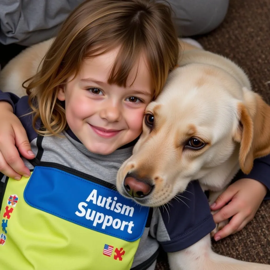 Autism service dog providing comfort to a child.