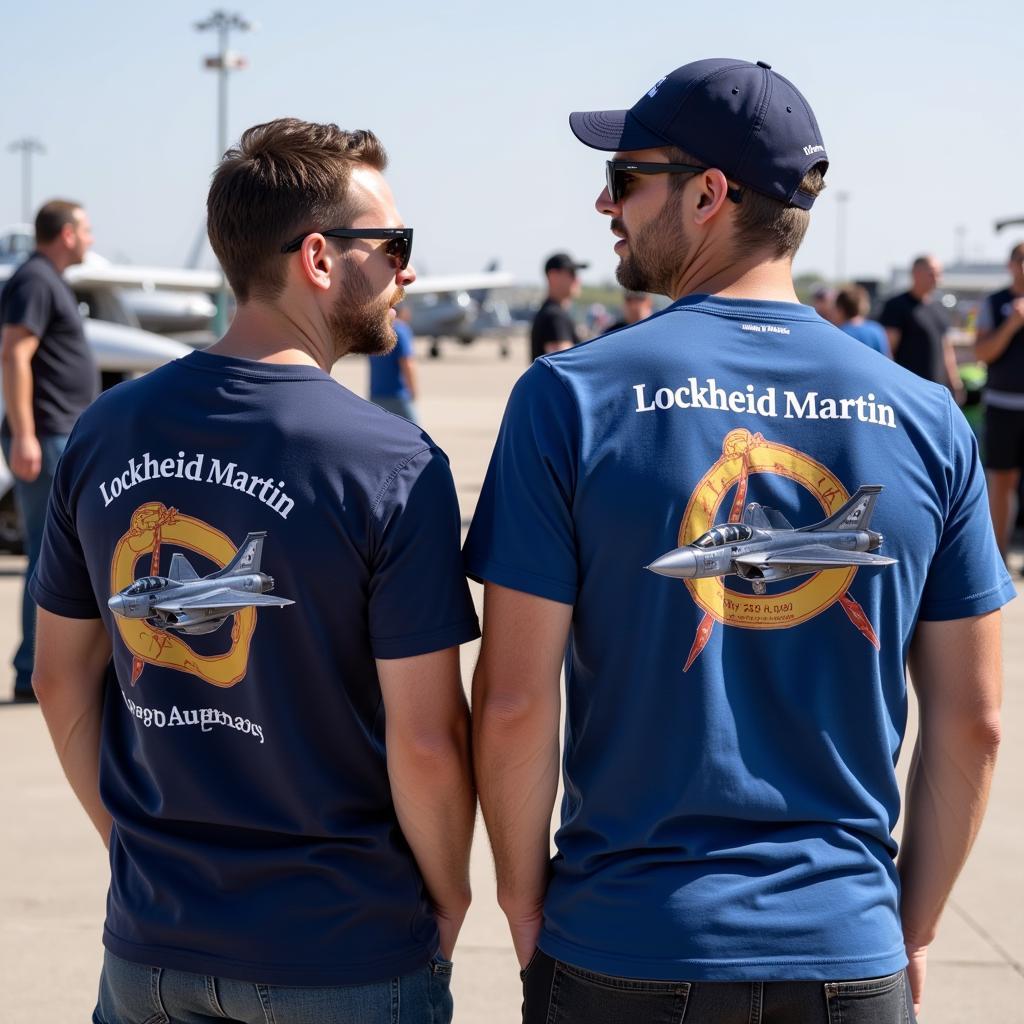 Two aviation enthusiasts talking about their Lockheed Martin t-shirts.