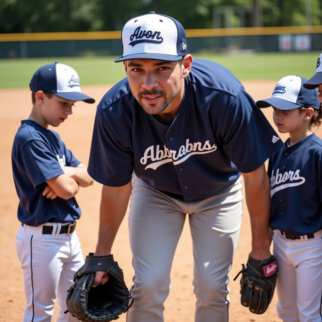 Coach giving instructions to young players during Avon Youth Baseball practice