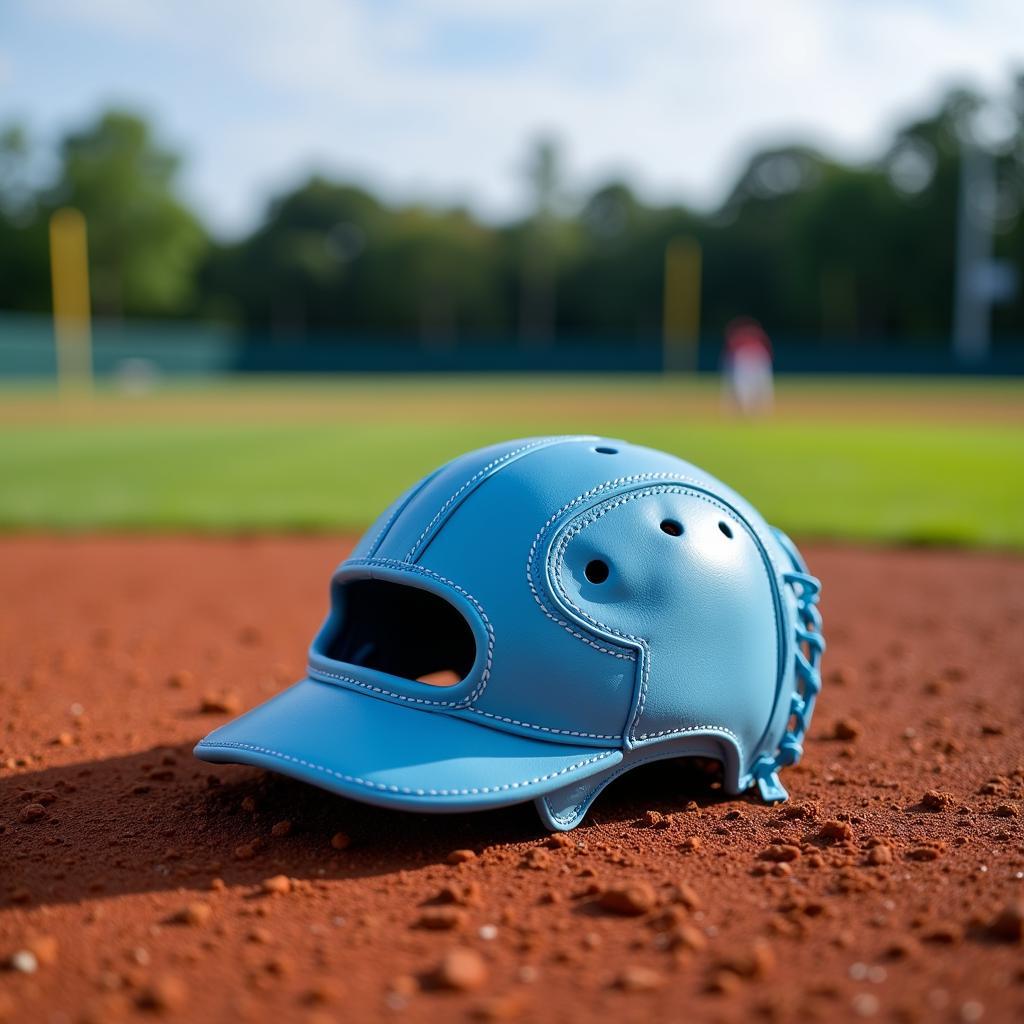 Baby blue baseball glove on a baseball field