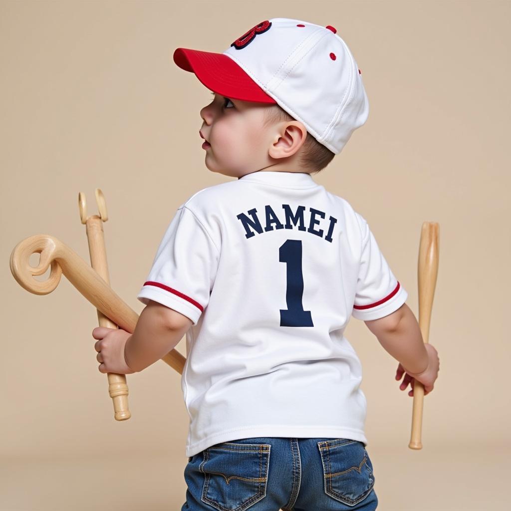 Baby boy wearing a personalized baseball jersey and jeans, holding a baseball bat.