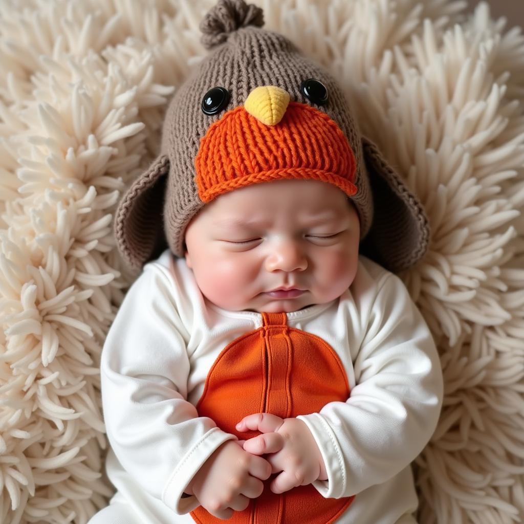 Baby in a robin onesie with a matching hat