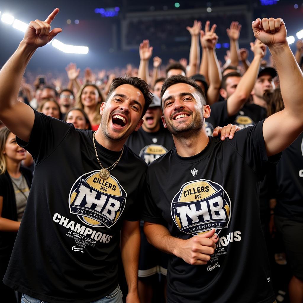 Fans celebrating a back-to-back championship victory wearing commemorative t-shirts.