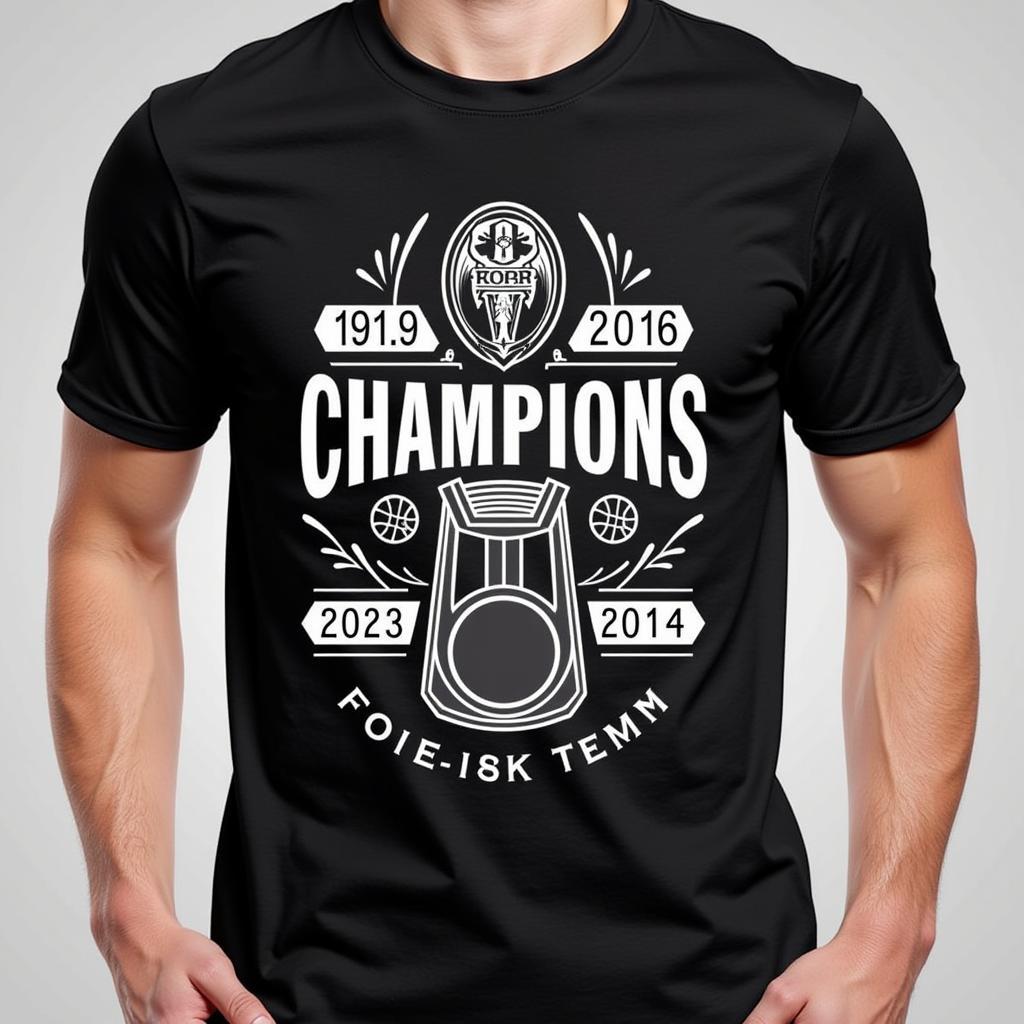 Close-up view of a back-to-back championship t-shirt highlighting key design elements like team logo, years of victory, and a symbolic graphic.